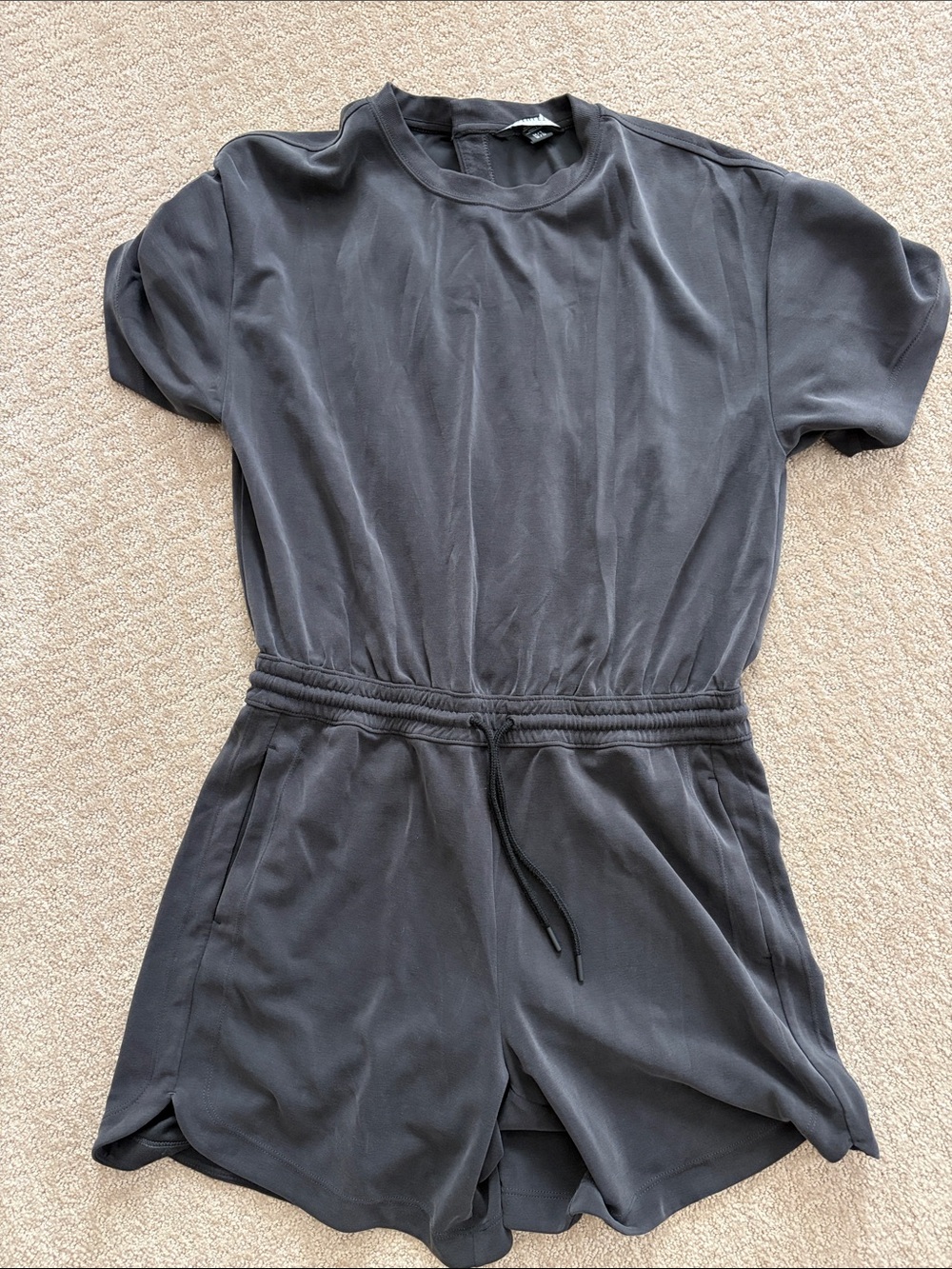 Athleta Charcoal Short-Sleeve Jersey Romper with Drawstring